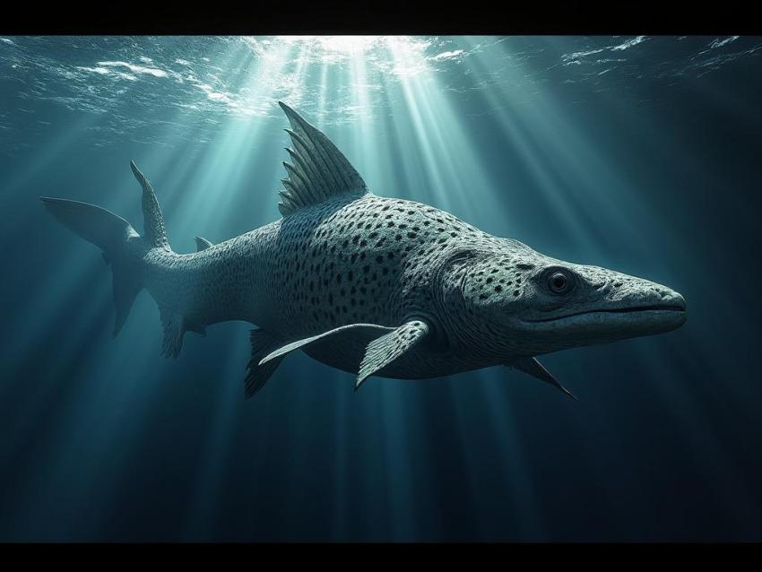 A giant, extinct Xiphactinus fish swims in a prehistoric ocean.