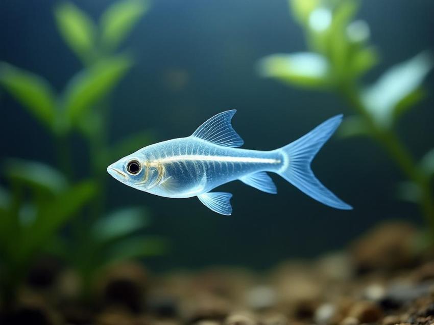 A translucent X-ray Tetra fish with a visible spine swims in murky freshwater.