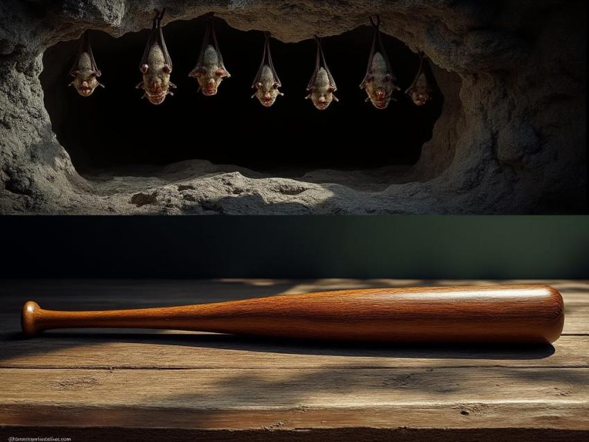 Split image depicting a mammal bat in a cave and a baseball bat on a field, showing different meanings of