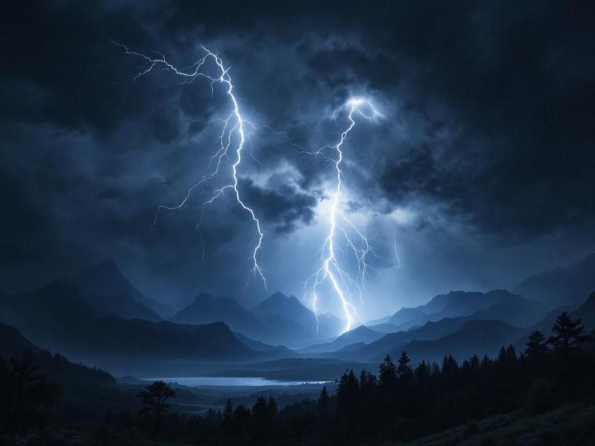 Dramatic lightning flashes across a dark, stormy sky over a landscape.