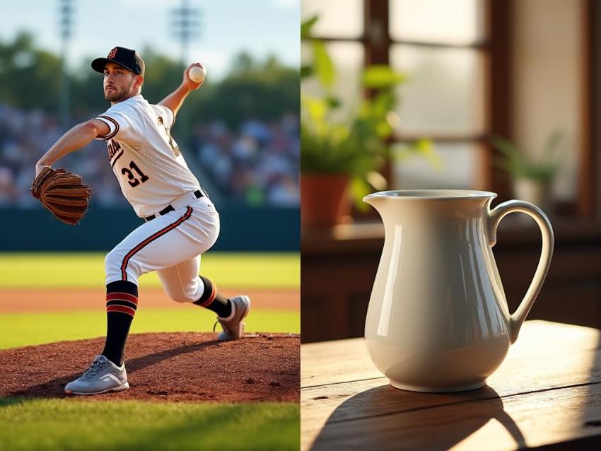Split image showing a baseball pitcher on a field and a water pitcher on a table, illustrating two meanings of