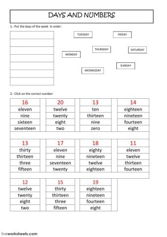 Days of the week and numbers 11-20