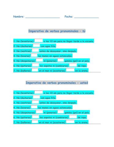 Imperativo Negativo - Verbos pronominales – tú-usted-nosotros-vosotros-ustedes