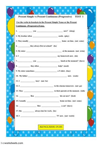 The Present Simple Tense vs The Present Continuous (Progressive) Tense Test 1