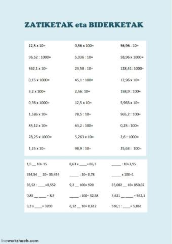 biderketak eta zatiketak (10,100,1000)