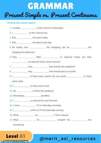 Present Simple vs. Present Continuous - Multiple Choice