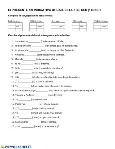 El presente de indicativo de DAR, ESTAR, IR, SER y TENER
