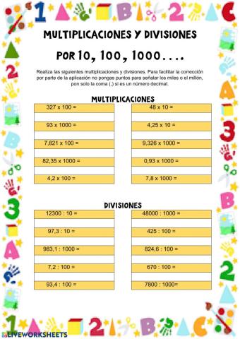 Multiplicaciones y divisiones por 10, 100, 1000