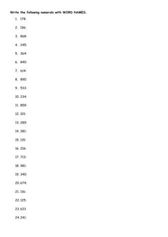 Numbers and Numerals Activity in the Hundreds