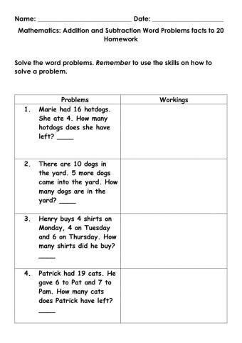 Mathematics  Addition and Subtraction word problem facts to 20 Homework