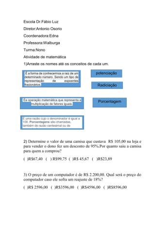 Atividades sobre potenciação e porcentagem