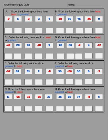 Ordering Integers Quiz