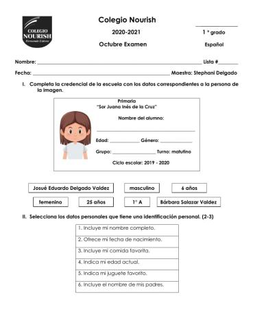 Examen de español 1°