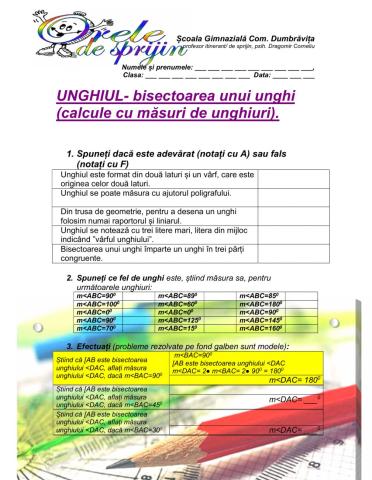 Unghiul, calcule cu măsuri de unghiuri, bisectoarea