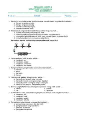 Penilaian Harian 1 IPA Tema 3 Subtema 1