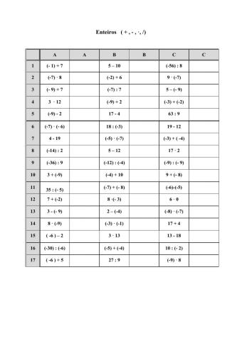 Cálculo mental 3: Operacións con enteiros