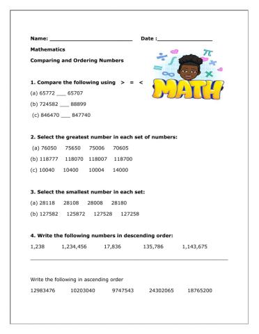 Comparing and Ordering Numbers