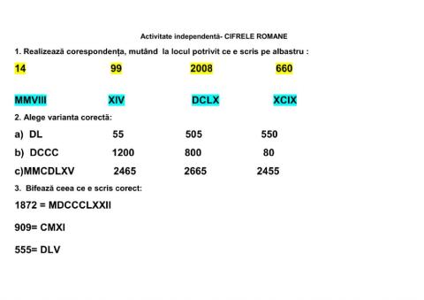 Cifrele romane- activitate independentă