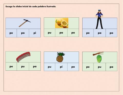 Escoge la sílaba inicial de la palabra ilustrada.