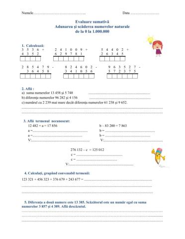 Evaluare sumativa adunarea si scaderea 0- 1 000 000