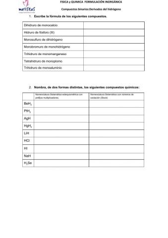 Ejercicio Formulación inorgánica: Compuestos Binarios: Derivados del hidrógeno