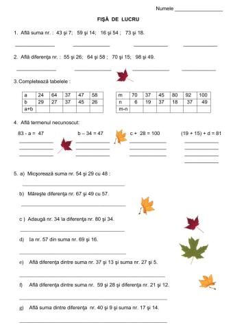 Adunări și scăderi , cu numere de la 0 la 100. Exerciții și probleme