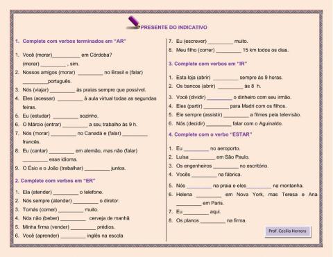 Verbos Regulares em Presente do Indicativo e Verbo Estar