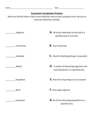 Ecosystems Vocabulary Practice