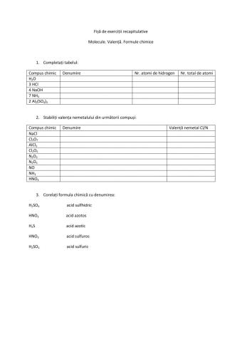 Fișă de exerciții recapitulative - Molecule. Valență. Formule chimice