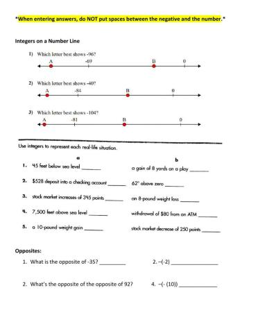 Integers on Number Lines, Real Life, & Opposites