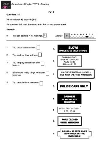 General use of English KET TEST - Reading