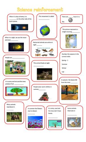 Day, night, diurnal and nocturnal animals, seasons.