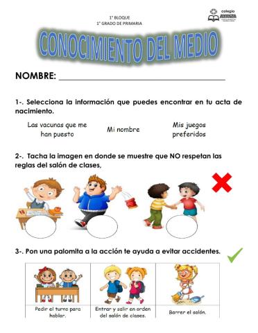 Examen de Conocimiento del medio 1° trimestre