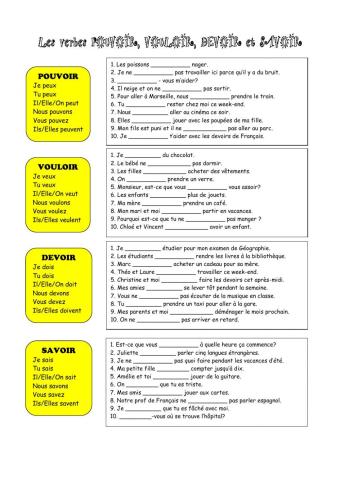 Présent de l'indicatif des verbes POUVOIR, VOULOIR, DEVOIR et SAVOIR