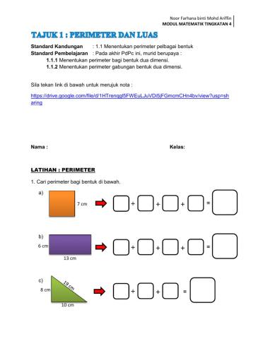 Unit 1 : Perimeter dan Luas