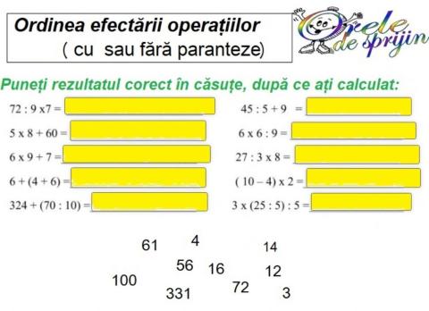 Ordinea efectuării operațiilor cu sau fără paranteze