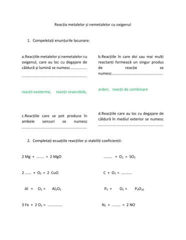 Reacția metalelor și nemetalelor cu oxigenul