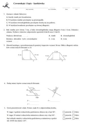 Czworokąty i kąty - kartkówka