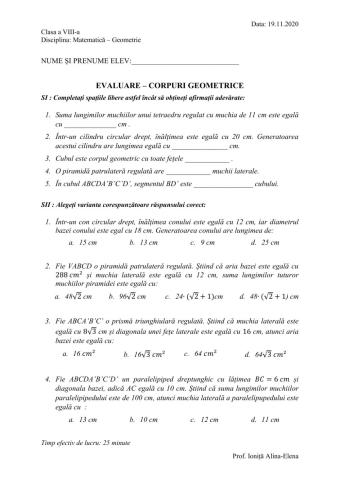 Evaluare - CORPURI GEOMETRICE