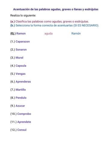 Clasificación y acentuación de palabras agudas, graves o llenas y esdrújulas