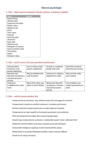 Pracovní list - Obecná psychologie