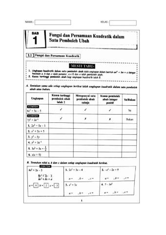 F4 BAB 1 FUNGSI DAN PERSAMAAN KUADRATIK DALAM SATU PEMBOLEHUBAH