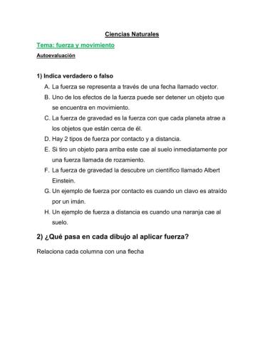 Ficha de autoevaluacion. Fuerza y Movimiento