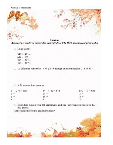 Adunarea şi scăderea numerelor naturale de la 0 la 1000, fără trecere peste ordin