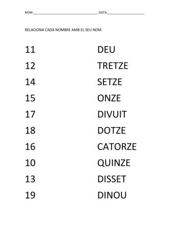 Relaciona nombres del 10 al 19