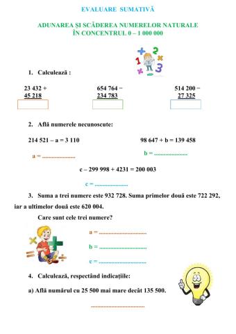 EVALUARE: ADUNAREA ȘI SCĂDEREA NUMERELOR NATURALE ÎN CONCENTRUL 0 - 1 000 000