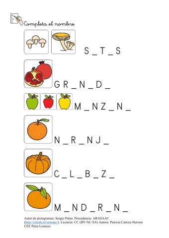 SA Otoño. Completar el nombre de los alimentos con las vocales