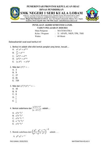 PENILAIAN AKHIR SEMESTER MATEMATIKA KELAS X