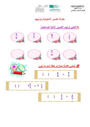 مقارنة الكسور الاعتيادية وترتيبها