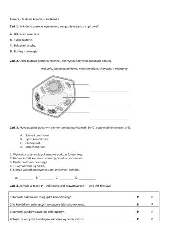 Klasa 5 - Budowa komórki - kartkówka